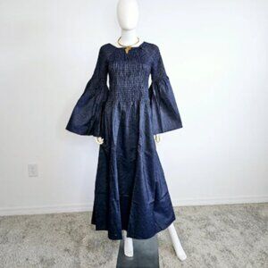 Denim Style African Print Maxi Dress with Smocked Bodice & Headwrap